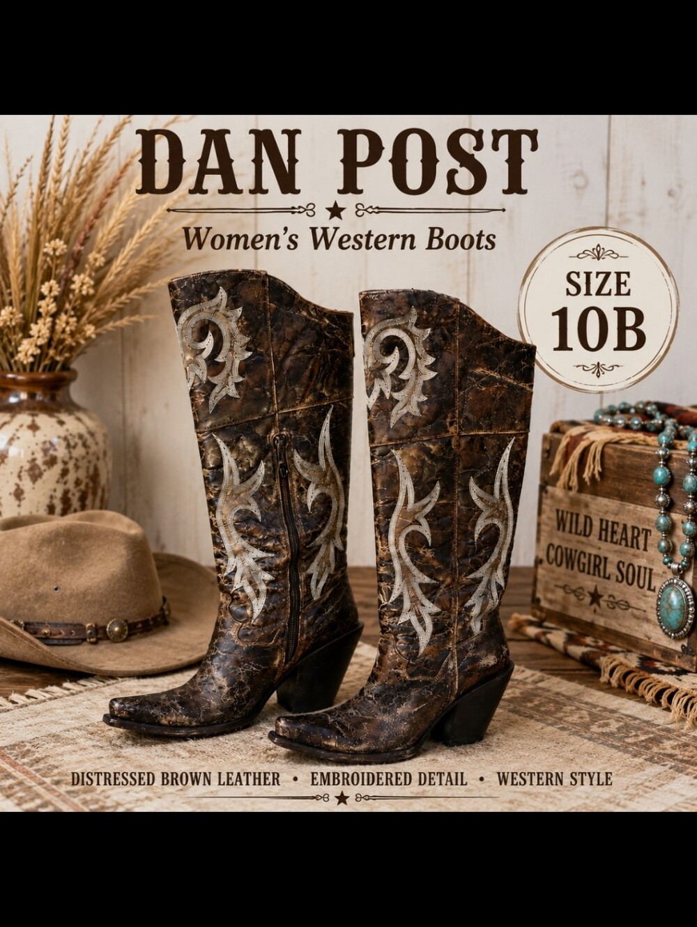 Dan Post Women’s Brown Distressed Leather Embroidered Western Cowgirl Boots